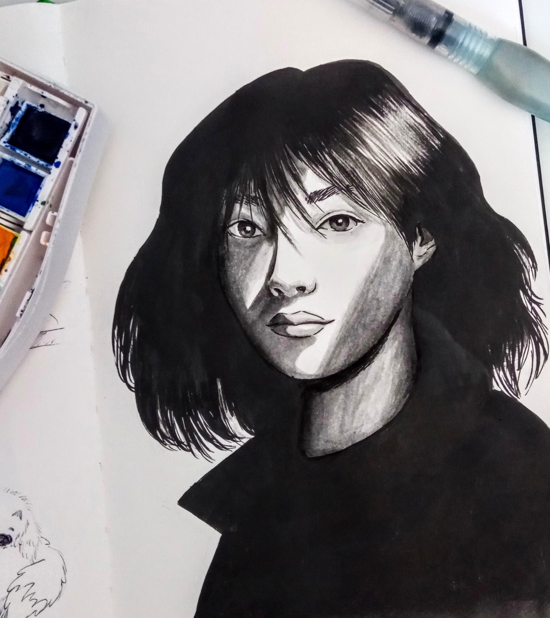 A black and white ink painting of an asian woman standing in the sun.