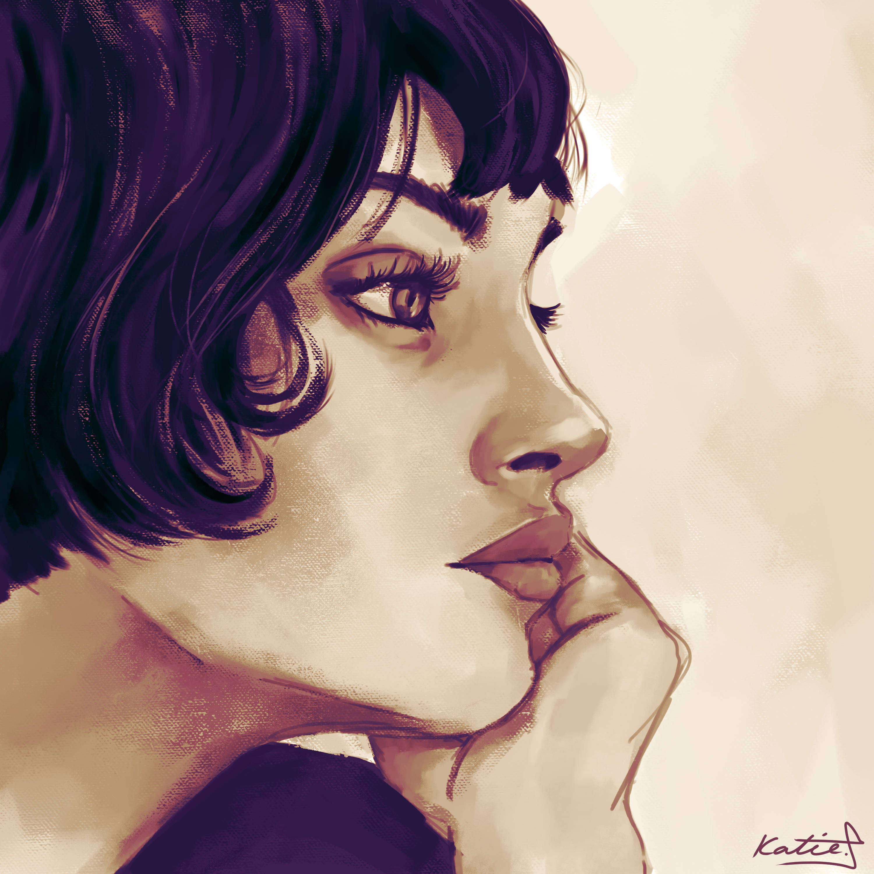 A digital painting of a girl resting her chin on her hand. It is a side profile portrait, and she has a short black bob haircut.