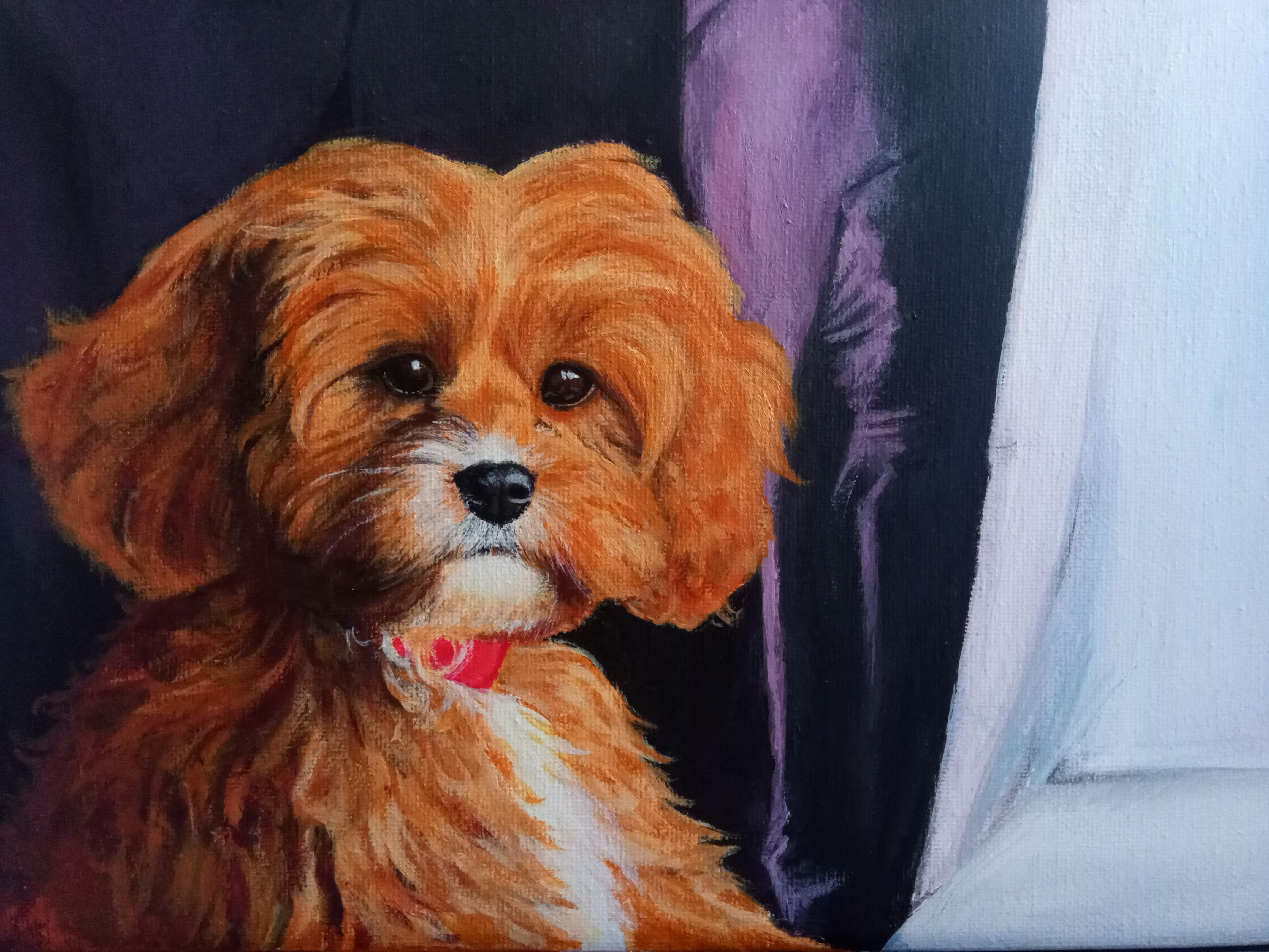An acrylic painting of a cockapoo. She has large round eyes and a round face.