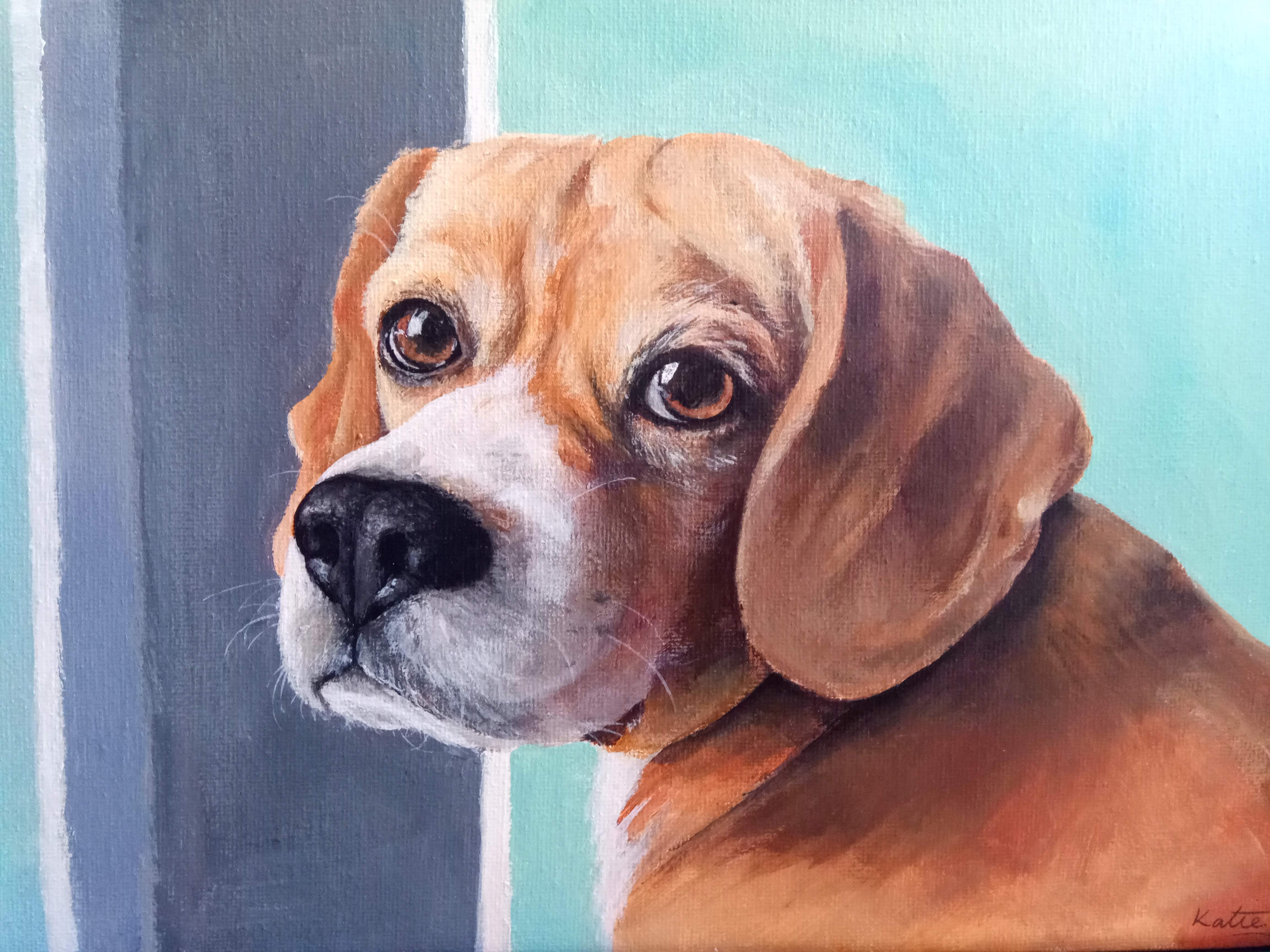 An acrylic painting of a beagle. She has large brown eyes and appears to be deep in thought.