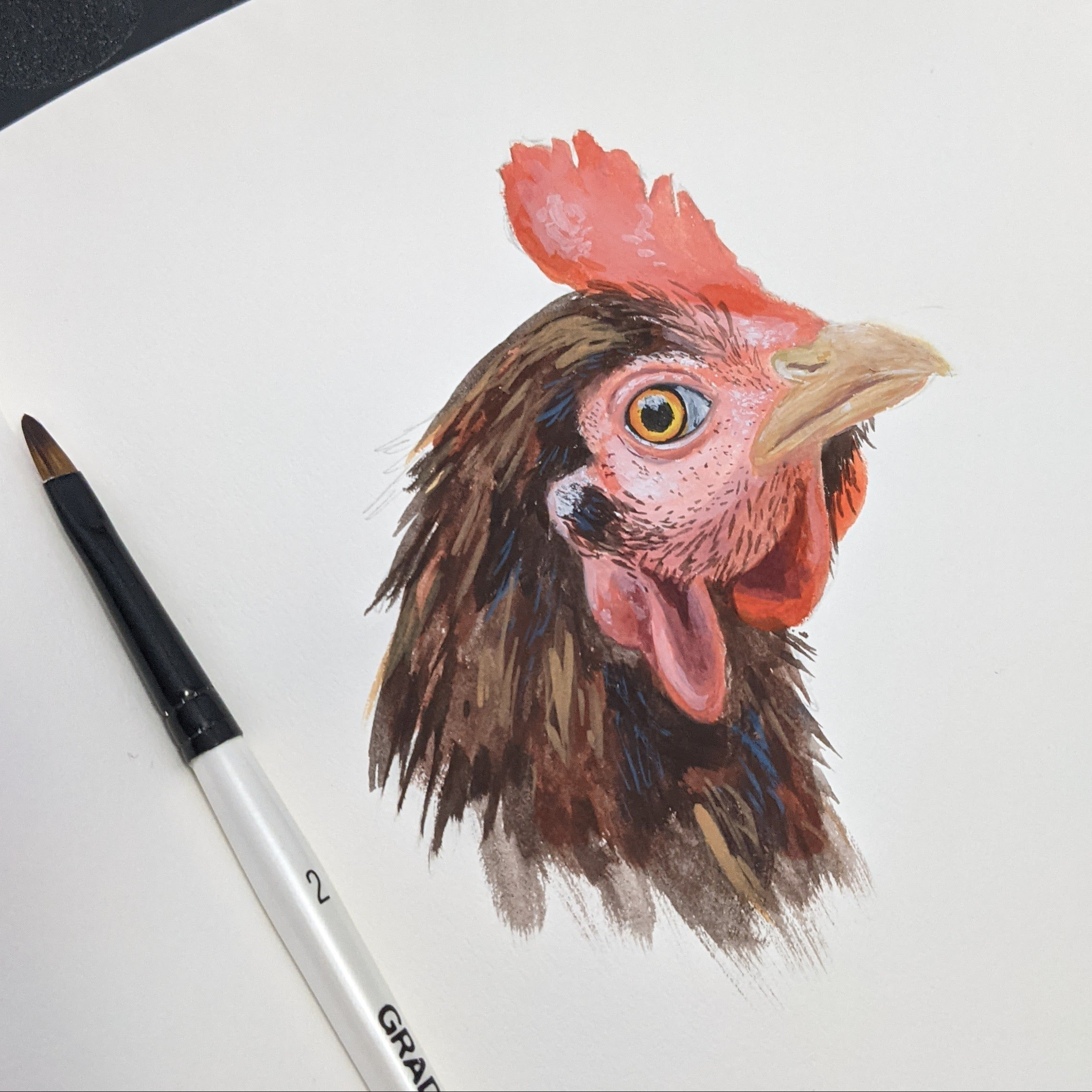 A gouache painting of a chicken head. It has a bright orange eye and a proud red comb.